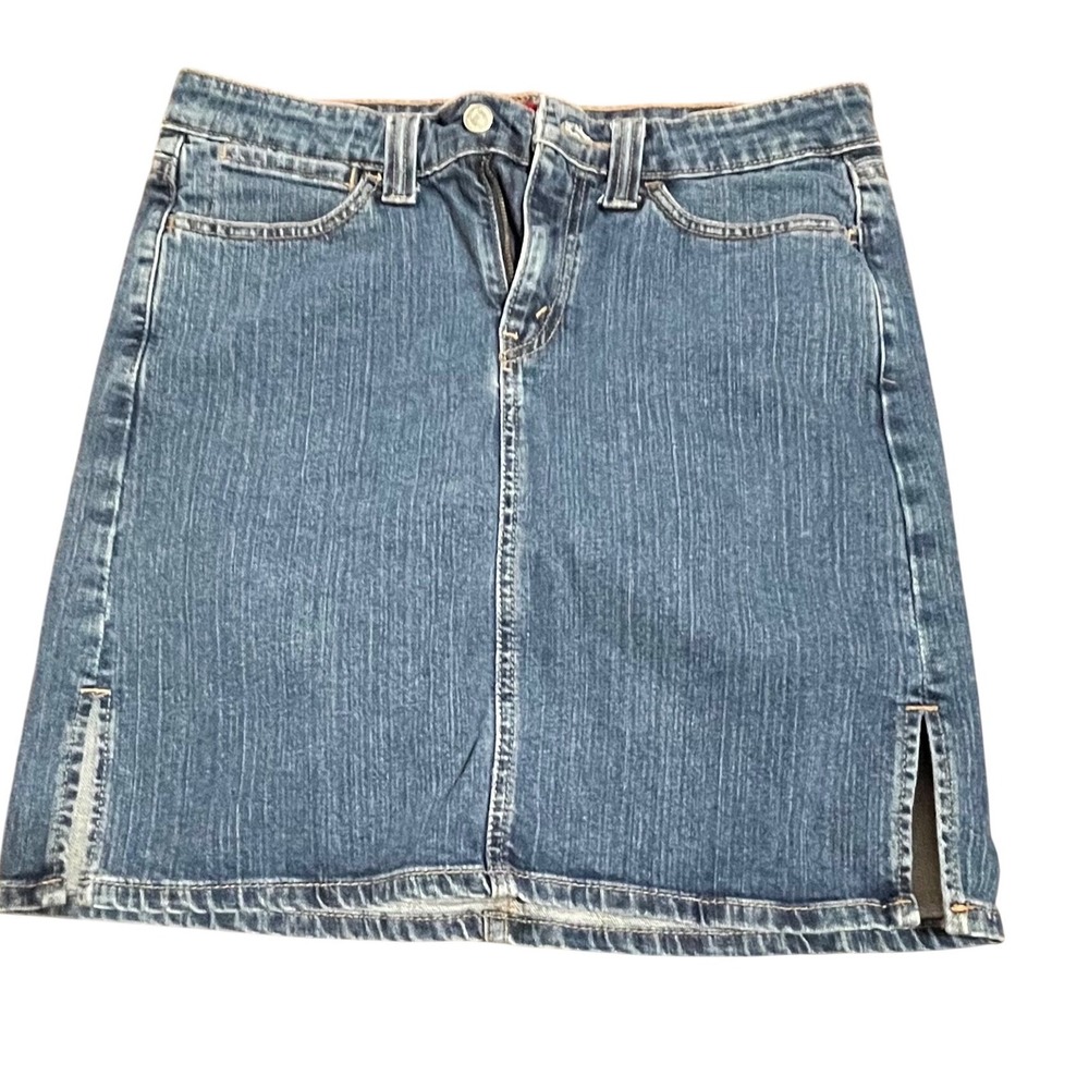 Levis Nouveau Jeans Stretch Denim Mini Skirt Medium Wash Blue Size 8 MIS Slits